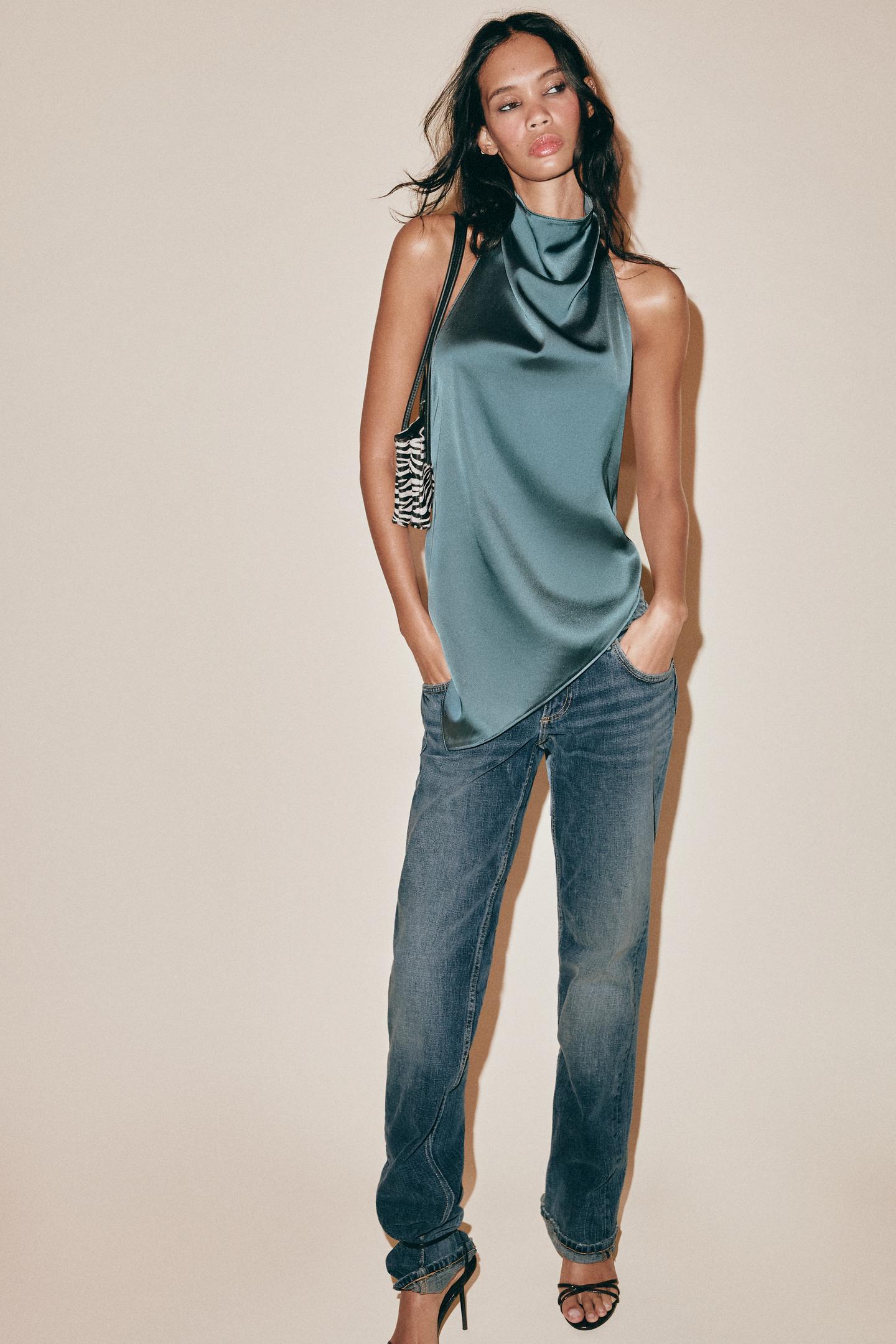 Женский топ Zara Satin Halter Top, цвет: Морской зелёный