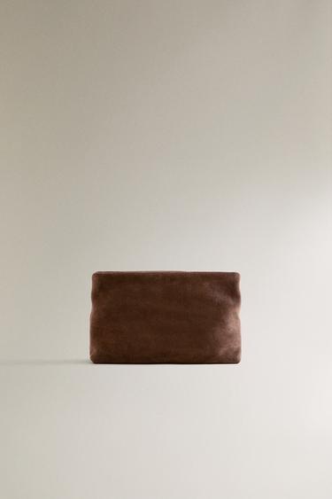 Zara MEDIUM SPLIT SUEDE MAKEUP BAG - Chocolate Brown