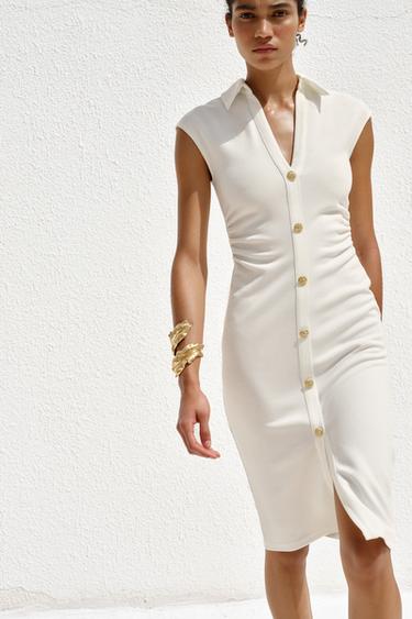 ROBE CHEMISE PIQUÉE - Blanc cassé de Zara - Image 5