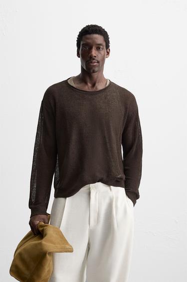 LINEN BLEND TEXTURED SWEATER - Brown by Zara
