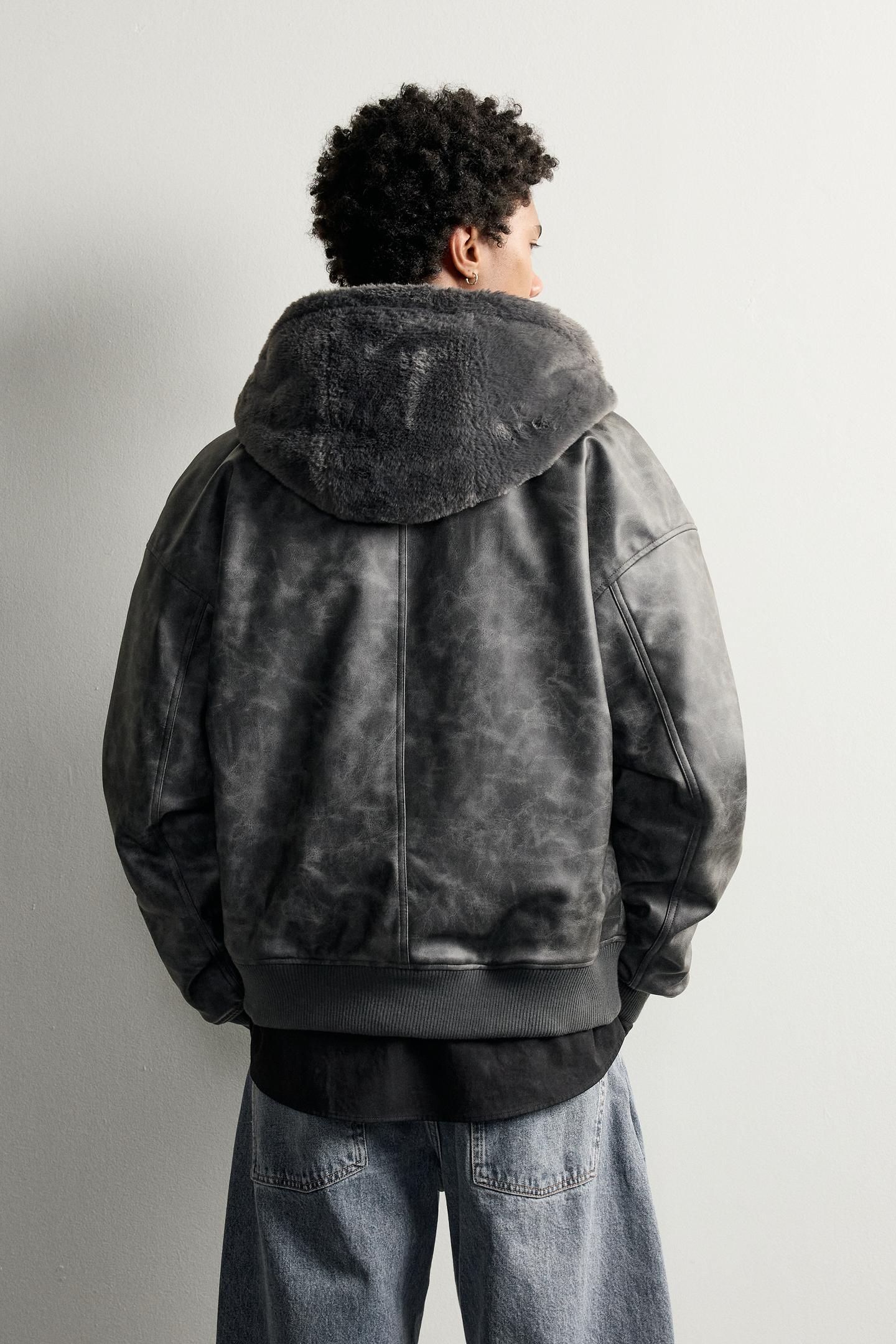 Мужская куртка Zara Reversible Faux Fur Bomber, цвет: Тёмный серый меланжевый — фото 3