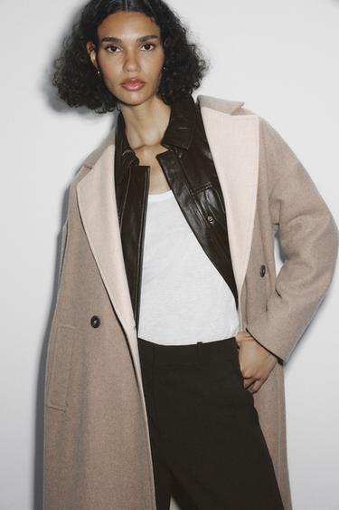 CONTRASTING WOOL DOUBLE-BREASTED COAT - Mink by Zara