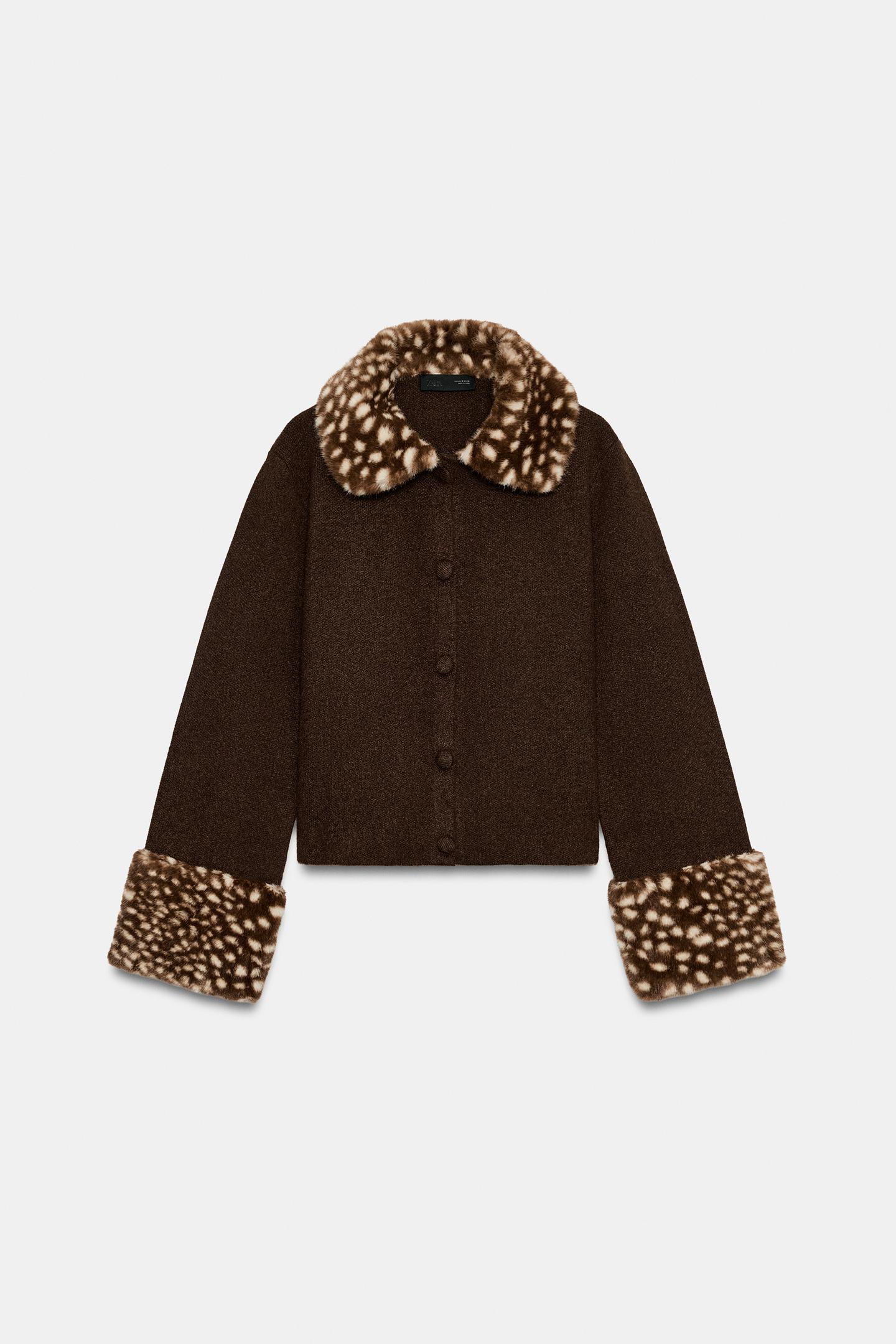Женский кардиган Zara Cardigan with Faux Fur Trim, цвет: Коричневый — фото 6