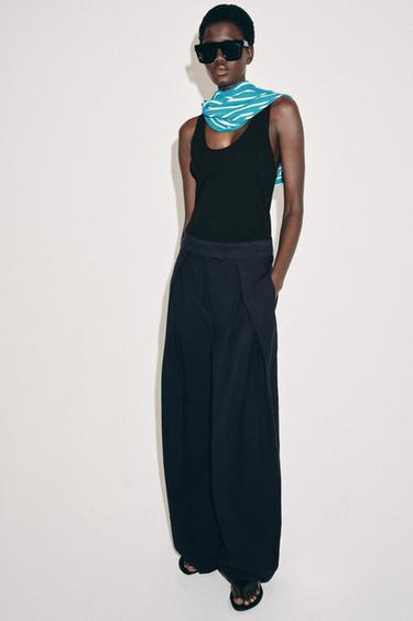 Zara ZW COLLECTION WIDE LEG PLEATED PANTS - Navy blue