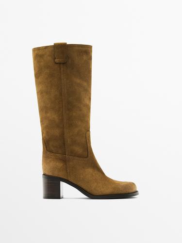 Zara Brushed split leather heeled boots - taupe brown