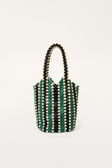 Zara STRIPED BEADED BUCKET BAG - LIMITED EDITION - Green