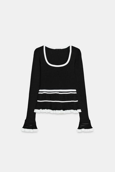 T-SHIRT COMBINÉ EN MAILLE - Noir / Blanc de Zara - Image 4