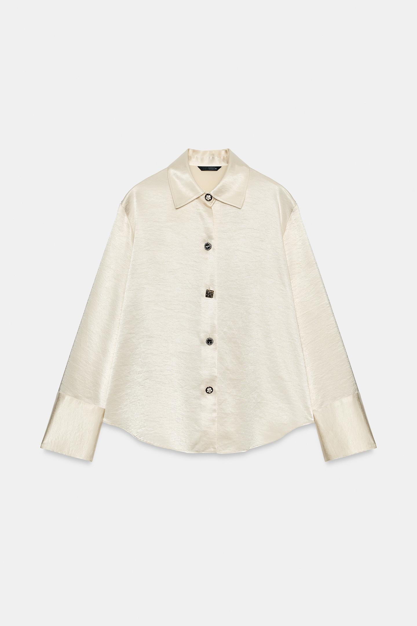 Женская рубашка Zara Satin Shirt with Jewel Buttons, цвет: Экрю — фото 6