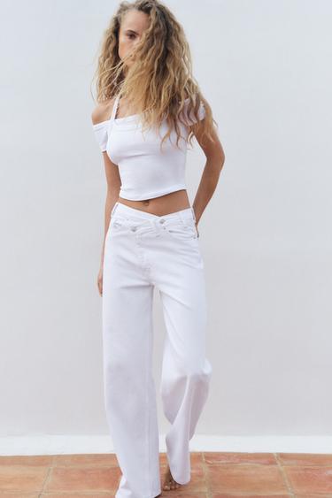 Zara TRF HIGH-RISE WIDE LEG CROSSOVER WAIST JEANS - White