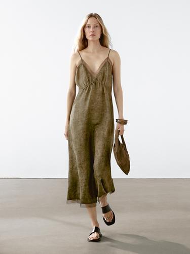Zara Long camisole dress with sheer detail - Green - Image 0