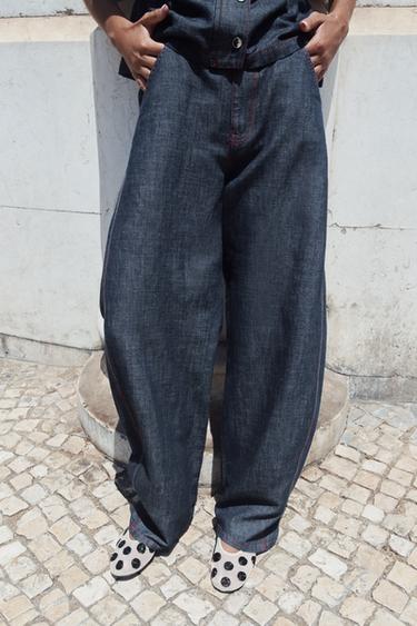 PANTALON BARREL EN LIN À SURPIQÛRES CONTRASTÉES - Indigo de Zara