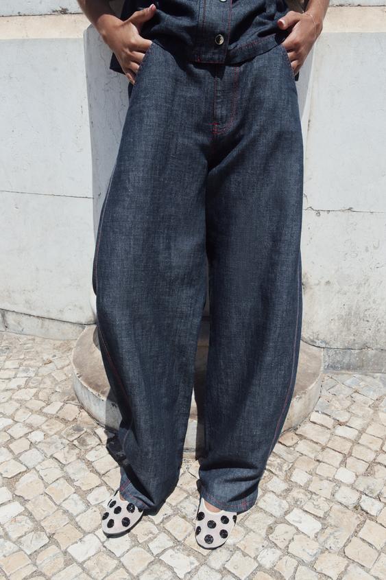 BARREL TROUSERS WITH LINEN BLEND AND CONTRAST STITCHING - Indigo de Zara - Imagen 0