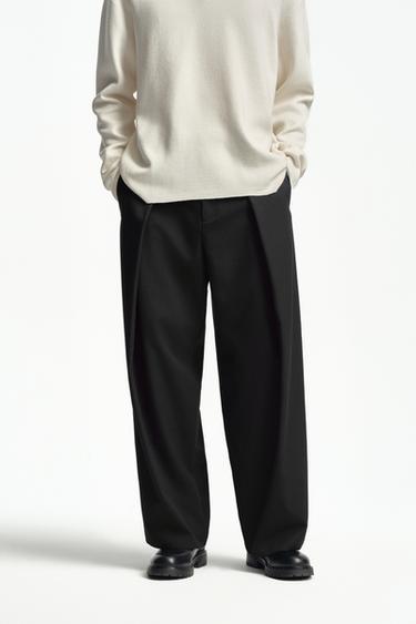 Zara 細條紋打褶長褲 - 黑色