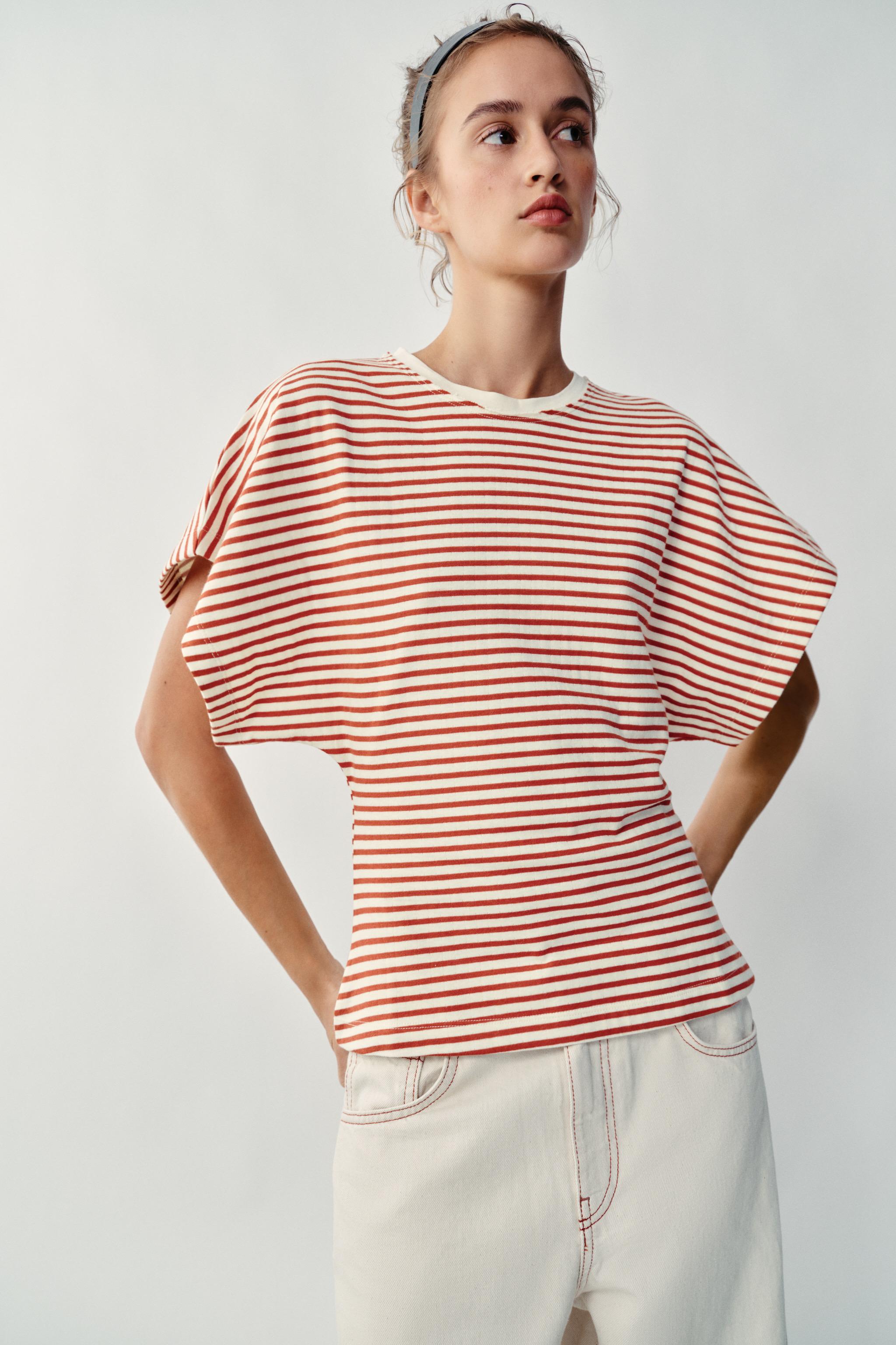 WIDE SLEEVE STRIPED T-SHIRT — Bordeaux / Ecru