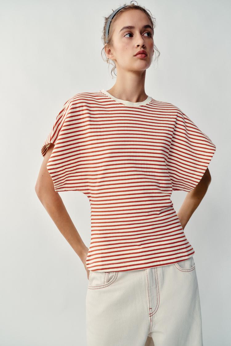 WIDE SLEEVE STRIPED T-SHIRT — Bordeaux / Ecru