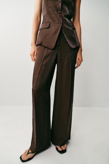 Zara SHINY EFFECT STRAIGHT PANTS - Brown