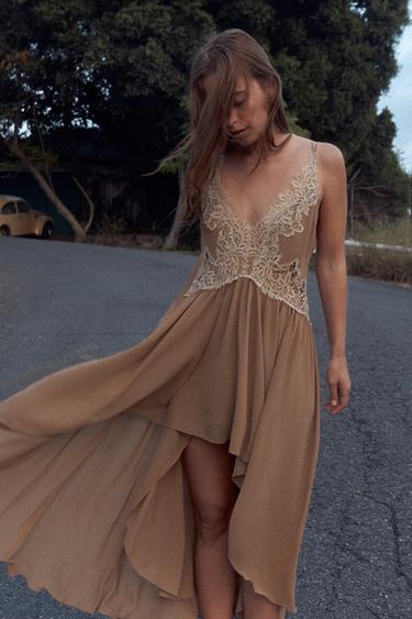 ASYMMETRIC DRESS WITH LACE RUFFLES - Brown / Taupe by Zara - Image 4