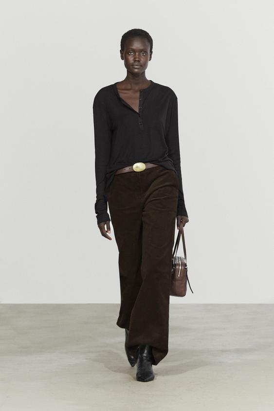 Zara Button-front henley T-shirt - Black - Image 0