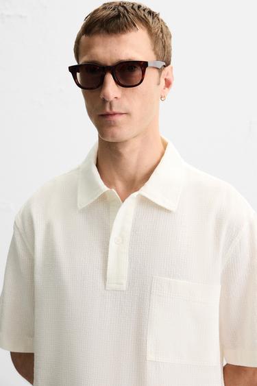 CHEMISE POLO JACQUARD À CARREAUX - Blanc cassé de Zara - Image 4