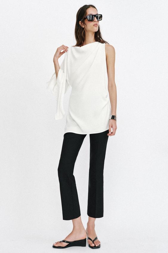Asimetrik suni incili tunik bluz