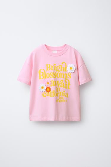 Zara TEXT AND CROCHET FLOWER T-SHIRT - Pink