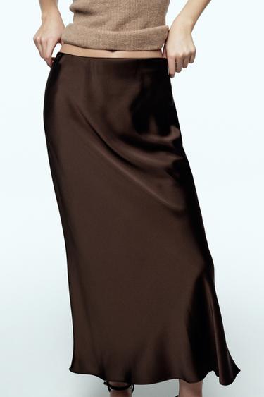 SATIN MIDI SKIRT - Brown by Zara