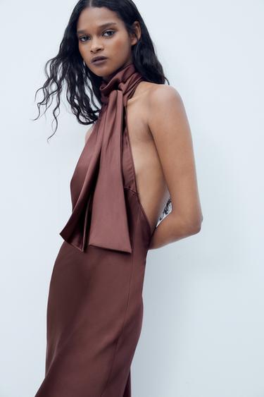 LONG HALTER NECK DRESS - Wine by Zara
