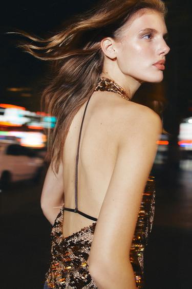 SEQUINNED HALTER TOP - Golden by Zara