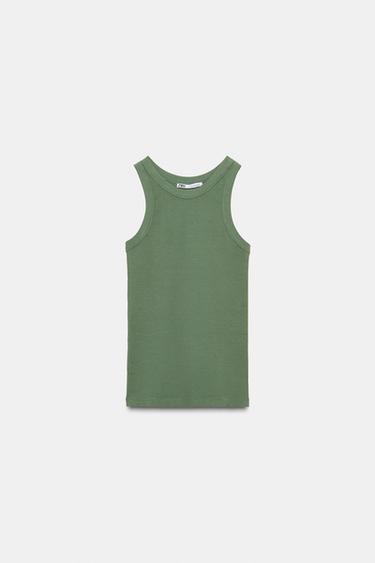 Zara BASIC SLEEVELESS T-SHIRT - Khaki
