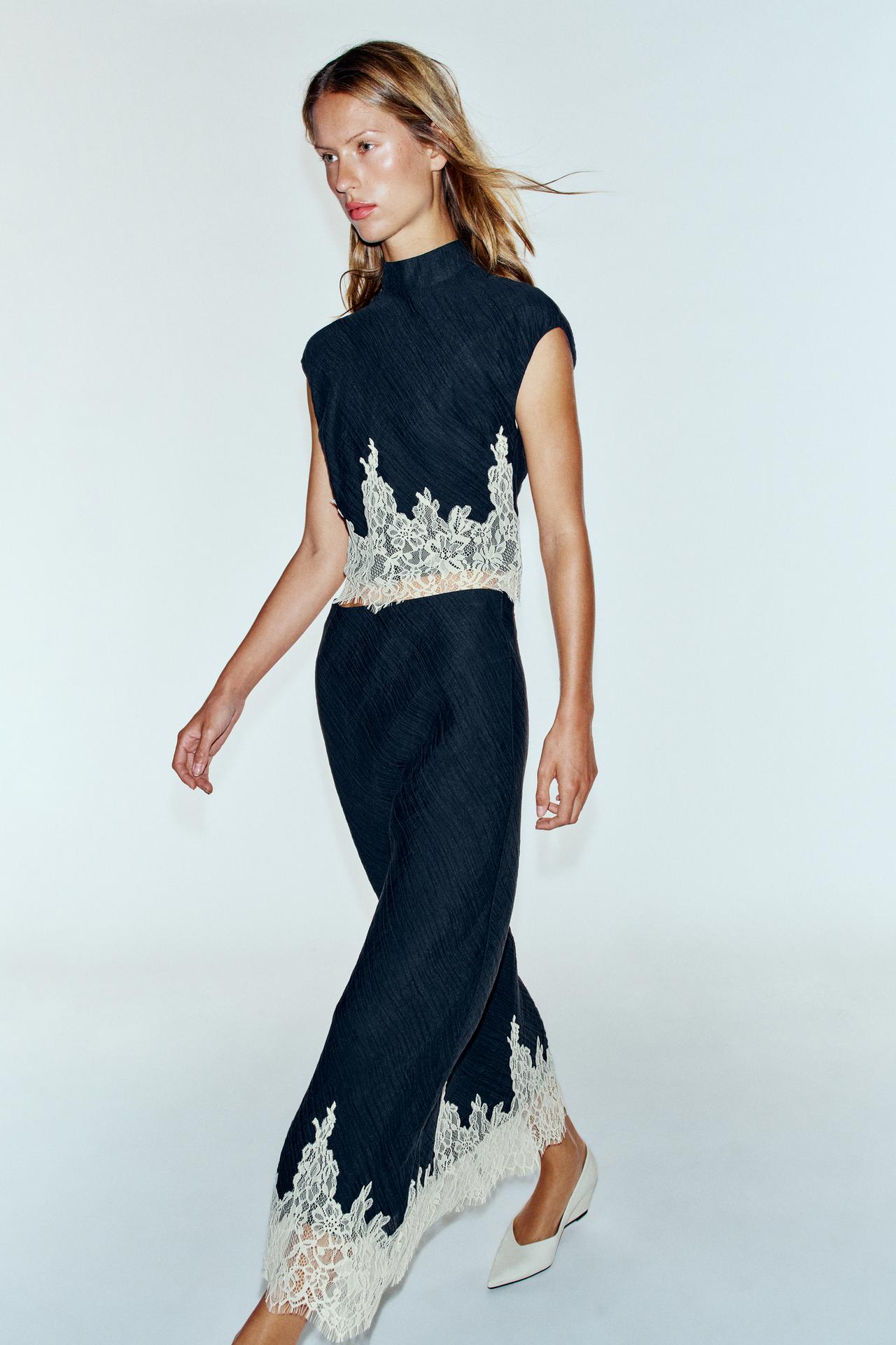 LACE-TRIMMED MIDI SKIRT — Navy / White