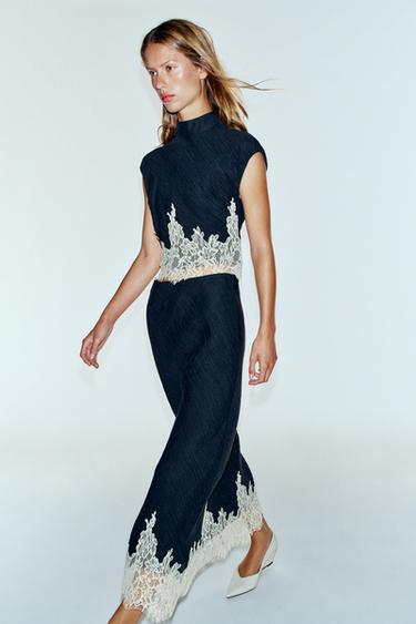 LACE-TRIMMED MIDI SKIRT — Navy / White 1