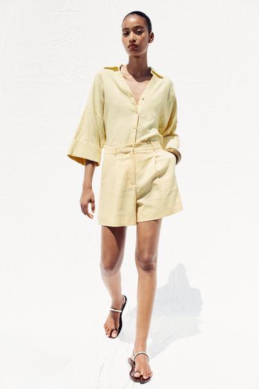LINEN BLEND WIDE SLEEVE SHIRT - Yellow by Zara
