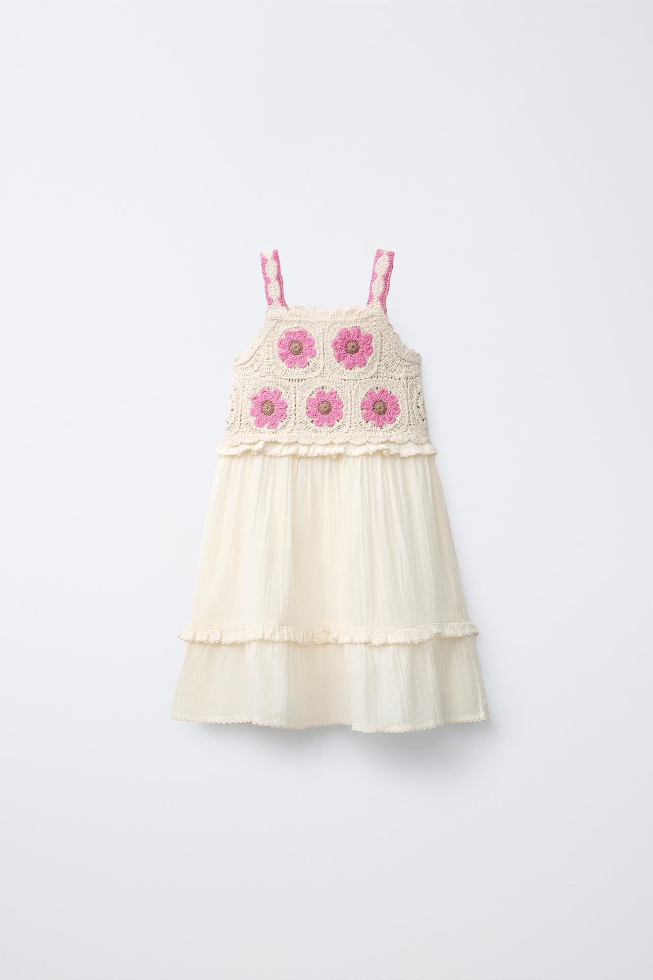 CROCHET KNIT COMBINATION DRESS — Pink
