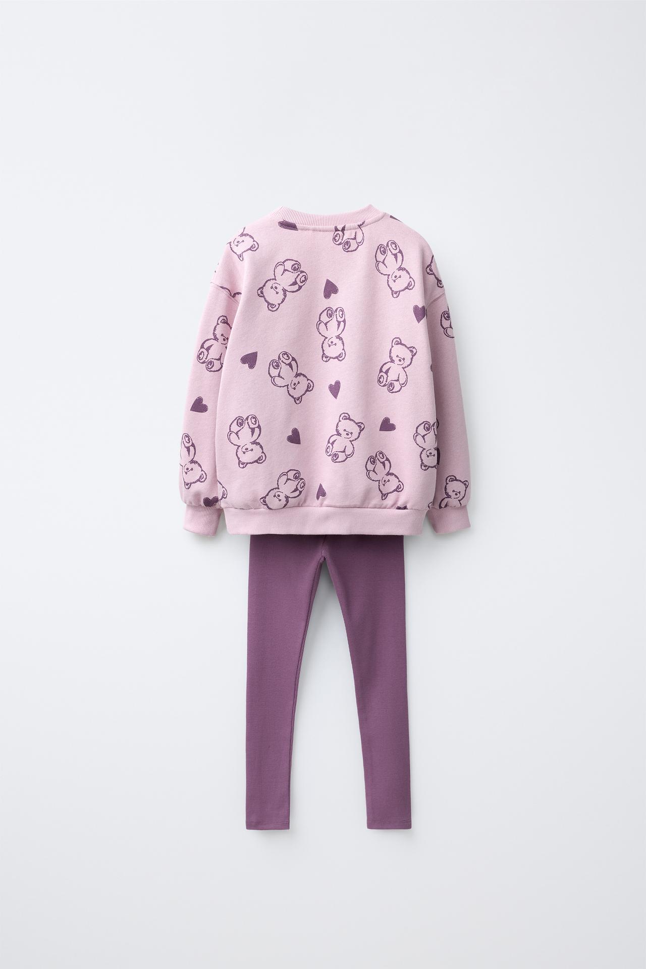 BEAR PRINT SWEATSHIRT AND LEGGINGS SET — Pastel pink