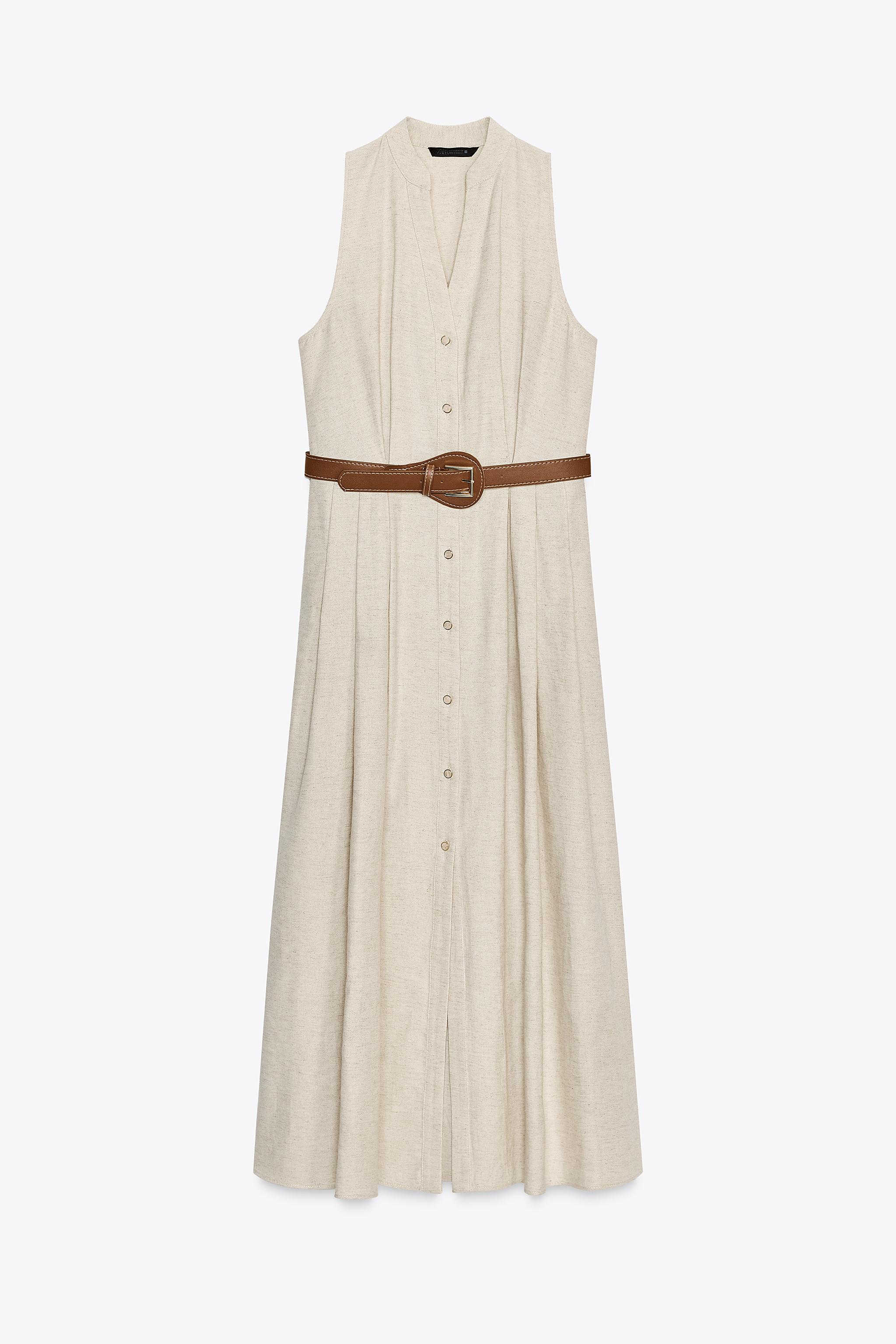 BELTED LINEN MIDI DRESS