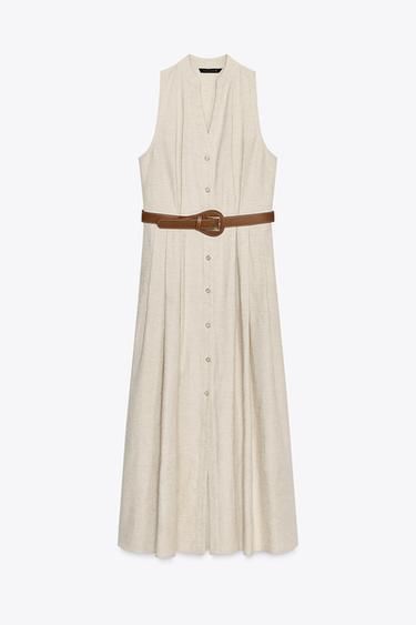 ROBE MIDI AVEC CEINTURE EN LIN - Beige clair de Zara - Image 6