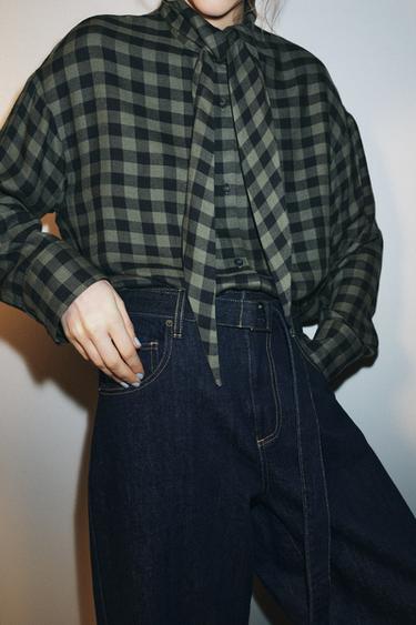 GINGHAM SHIRT WITH BOW ZW COLLECTION - Green / Blue by Zara - Image 3