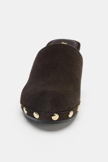 SPLIT SUEDE STUDDED KITTEN CLOGS - Brown by Zara - Image 6