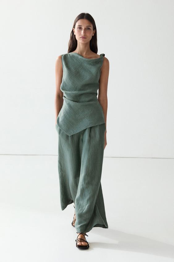 Flowing wide-leg linen blend trousers from Zara - $180