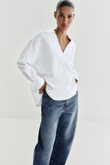 LINEN BLEND BLOUSE WITH POLO COLLAR - White by Zara