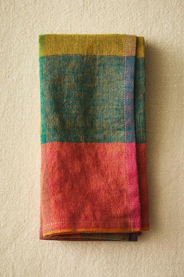 PACK OF MULTICOLOURED CHECK LINEN NAPKINS (PACK OF 2) - Green by Zara