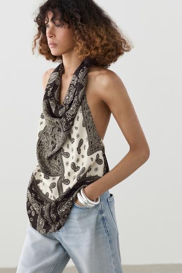 Zara Flowing printed halter top - White / Navy