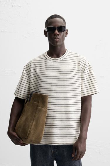 STRIPED JACQUARD T-SHIRT - Ecru / Navy by Zara