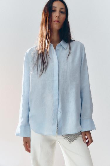 Zara 100% LINEN ZW COLLECTION SHIRT - Pastel blue