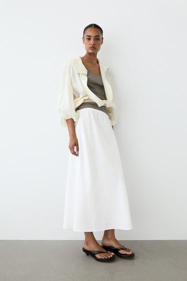 Falda midi goma cintura 100% lino - Blanco de Zara