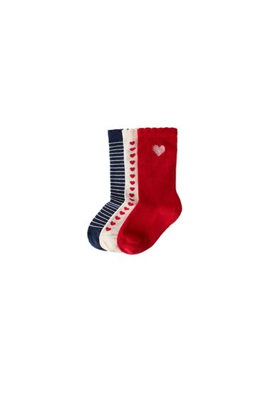 Zara THREE-PACK OF STRIPED AND HEART SOCKS - Red