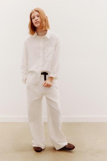LINEN BLEND WIDE-LEG TROUSERS - White by Zara