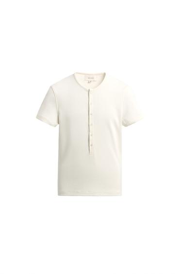 Zara 羅紋紐扣領 T 恤 - 磨白色