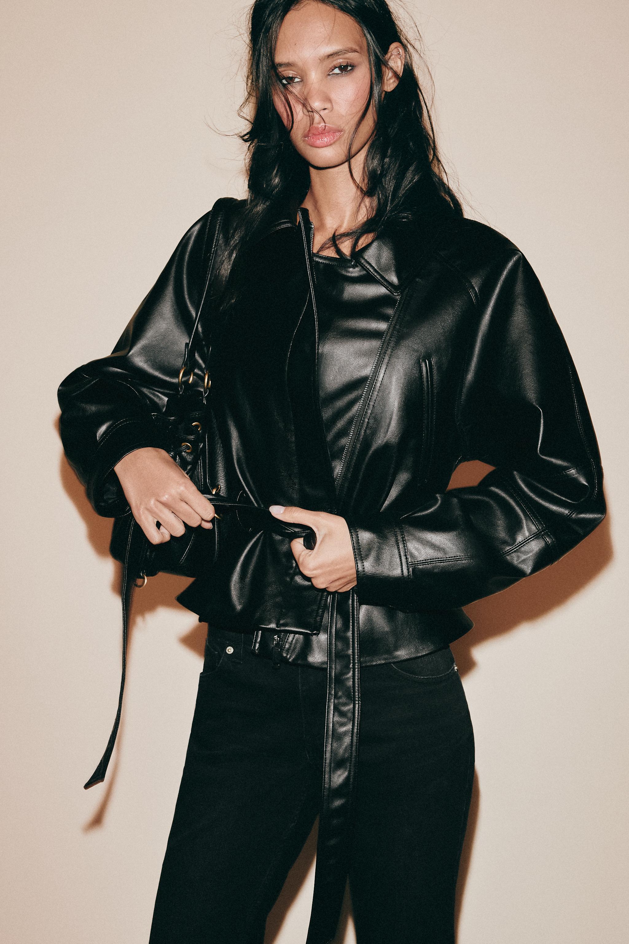 FAUX LEATHER BELTED JACKET