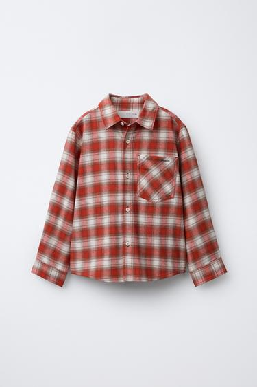 KEMEJA KOTAK-KOTAK TEKS BORDIR - Merah dari Zara